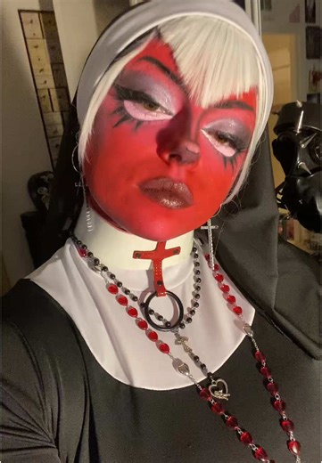 Inspired by the Lust #livingdeaddoll resurrection 😈 fun fact I clocked in like two hours after this was taken #ldd #livingdeaddolls #drag #dragqueen #afabqueen #makeup #dragmakeup #cosplay ? #nun #transition