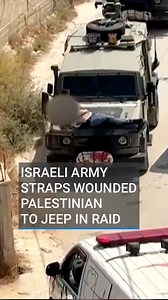 171K views · 73 reactions | Footage shows Israeli army ‘violated military protocol’ by strapping a wounded Palestinian to the hood of a military jeep.  Tap the link in our bio #Gaza #Israel #Palestine | RTÉ News | Facebook
