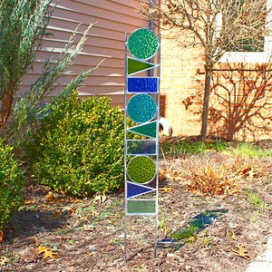 Stained Glass Garden Art Stake. Geometric Green & Blue Yard Decor. Long and Narrow. - Etsy