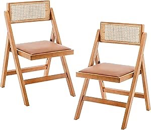 Dining Chairs Kitchen Folding Chair Set of 2 Modern Rattan Table Chair with Oak Wooden Leather Foldable Chair for Living Reading Room Wedding Balcony, Brown