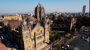 Chhatrapati Shivaji Terminus formerly Victoria Terminus in Mumbai, India, Aerial View. UNESCO World Heritage Site and historic railway station which serves as the headquarters of the Central Railway