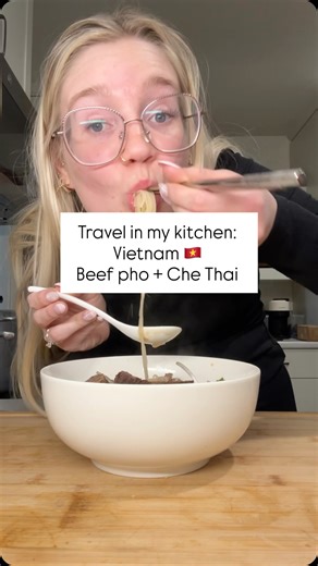 Lydia on Instagram: "Travel in my kitchen with me: VIETNAM 🇻🇳 Beef Pho 🍲 + Che Thai This meal took the longest but it was SO good! Let me know what you would do differently! We were sick this week so pho sounded like it would be perfect, but I have other dishes written down to do!! Vietnamese coffee just took the cake this week because 🤤 it’s soooo good. Strong and perfectly sweet!! Try it if you’ve never had it before!! I’ve never heard of Che Thai before but I’ve seen similar things and wa