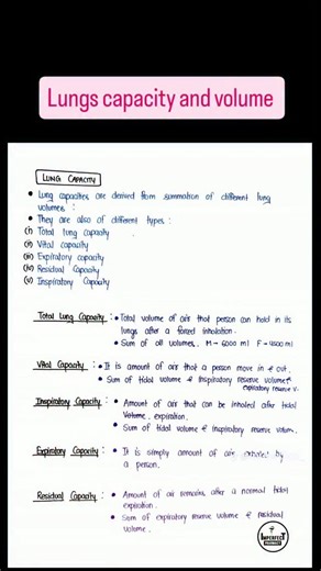 Dr Wajeeha PT🇵🇰 on Instagram: "Lung capacities 😊 - Lung volumes: - Tidal Volume (TV): ~500 mL (normal breath in/out) - Inspiratory Reserve Volume (IRV): ~3,000 mL (extra inhalation) - Expiratory Reserve Volume (ERV): ~1,200 mL (extra exhalation) - Residual Volume (RV): ~1,200 mL (air left after max exhale) - Lung capacities: - Inspiratory Capacity (IC): TV + IRV (~3,500 mL) - max inhalation - Functional Residual Capacity (FRC): ERV + RV (~2,400 mL) - rest/exhale - Vital Capacity (VC): TV + IR