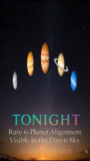 August 25, 2025 – A Dawn Parade of Six Planets Before sunrise, the sky will unveil a rare celestial alignment: Mercury, Venus, Jupiter, Saturn, Uranus, and Neptune stretched in a single sweeping line across the heavens. Such gatherings of worlds happen only a few times in a lifetime. With the Moon hidden in its new phase, the view will be clearer than ever. Mercury will hug the horizon, glowing briefly before disappearing into the Sun’s glare — making this your last chance to see it for weeks. ⏰