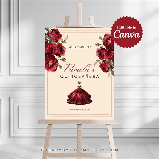 Red & Beige Quinceañera Welcome Sign Template, Dark Romantic Red Roses, Editable Canva Poster, XV06 - Etsy