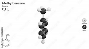 Methylbenzene or toluene. Animated 3D model of a molecule. Molecular formula: C7H8. Chemical model: Ball and stick. White background. 3D rendering. Seamless loop. Stock Video