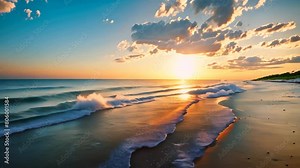 A scenic beach with clear turquoise waters gently lapping against the white sandy shore, A pristine, white sandy beach with a clear view of the horizon at sunset