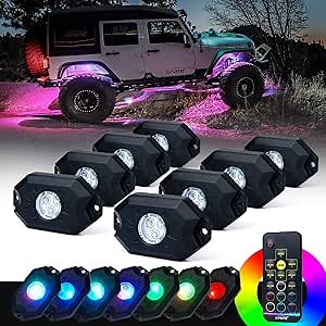 Xprite 8PCs LED RGB Rock Light Kit with Wireless Remote Control, Flashing, Auto Scroll Modes, Multicolor Neon Lights Pod for Underglow Off Road, Truck, Jeep, UTV, ATV, SUV