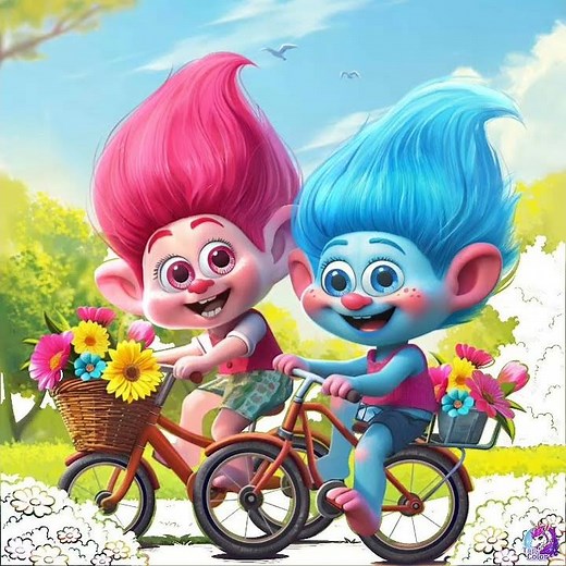Tap Color - Trolls 2016: Poppy And Branch They Are Happy While They Ride A Bicycle Two Of Us