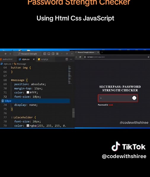 SecurePass: The Ultimate Password Strength Checker! 🔒💡 #webdevelopment #javascript #htmlcss #html #code #foryou #codewithshiree #reactjs #fyp #learntocode #webdev
