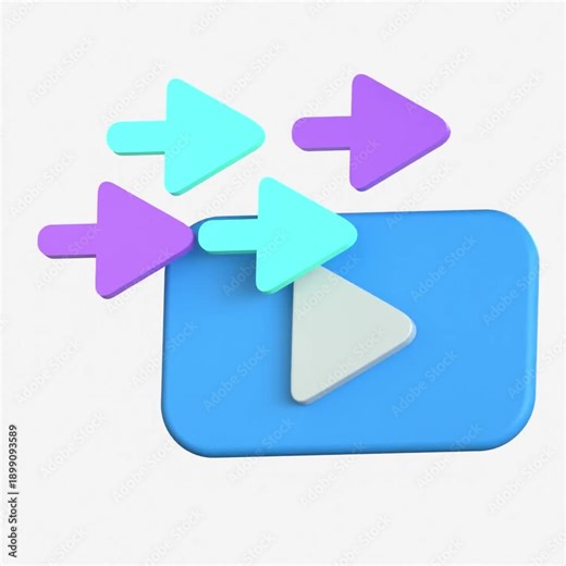 A dynamic 3D icon of a video player button with multiple flying arrows representing the rapid execution of tasks and streaming processes