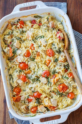 37K views · 654 reactions | This creamy and cheesy Chicken Orzo Bake is an effortless dinner, and it cooks right in the casserole dish! Recipe: https://natashaskitchen.com/chicken-orzo-bake/ | NatashasKitchen.com | Facebook