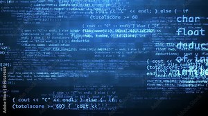 A trailblazing 3d rendering of a coding program with flying blue letters, digits, curly and round brackets, angle quotes and other symbols in the black background Stock Video