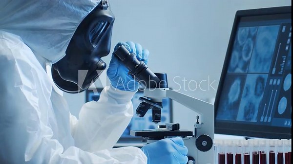Scientist in protection suit and masks working in research lab using laboratory equipment: microscopes, test tubes. Medicine, healthcare and technology concept.
