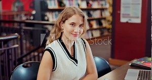 Library, laptop and girl with smile, study and portrait of student, knowledge and information in books. Connection, internet and writing of assignment, university and Gen z with goals and future