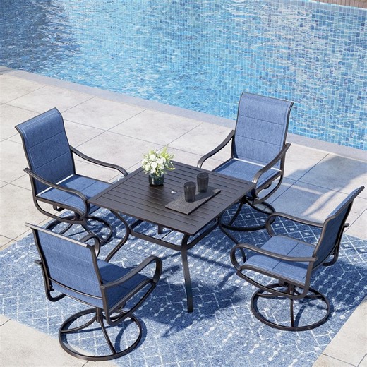 Reviews for PHI VILLA Black 5-Piece Metal Outdoor Patio Dining Set with Slat Square Table and Padded Blue Textilene Swivel Chairs | Pg 3 - The Home Depot