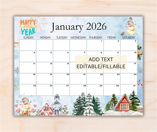 EDITABLE January 2026 Calendar, Printable Monthly Calendar for January, Happy New Year Planner, Classroom Calendar, 2026 Jan Calendar - Etsy
