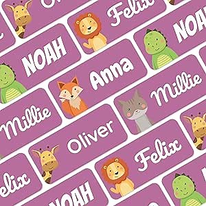 Personalized Name Labels for Kids (140 Labels) - Durable & Waterproof Custom Name Stickers for Clothing Tags, School Supplies, Camp & Daycare - Purple (1.2”x0.5”)