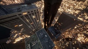 Aerial view of glowing high rise buildings