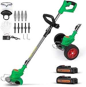 Cordless Weed Eater Weed Wacker,3-in-1 Lightweight Push Lawn Mower & Edger Tool with 3 Types Blades,21V 2Ah Li-Ion Battery Powered for Garden and Yard (Green)