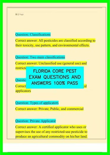 FLORIDA CORE PEST EXAM QUESTIONS AND ANSWERS 100% PASS video