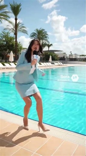 【一瞬の悲劇】リポート中の女子アナが足を滑らせ転落😂Reporter falls into pool live💦 #女子アナ #ドッキリ #shorts #美人 #アナウンサー #美女 #癒し