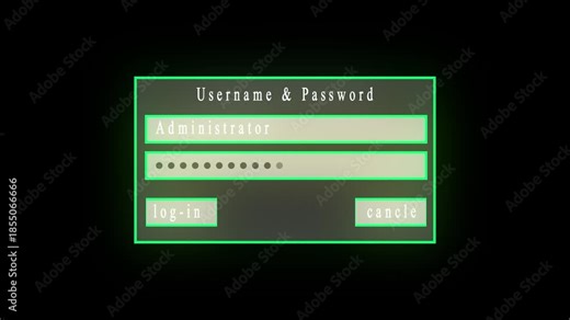 User name and password log in screen animation, ideal for security, access panels, and UI design projects. Digital Log in Screen Interface with User name and Password Fields and Buttons image photo .