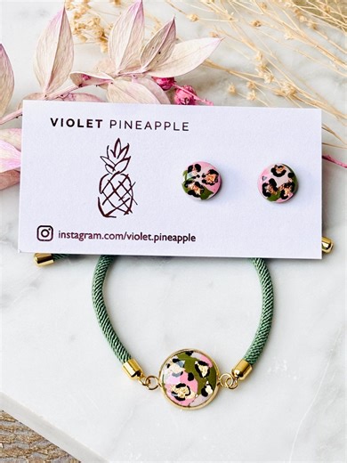Soft Pink & Green Leopard Print Jewellery Set  Handmade 10mm Studs and Adjustable Bracelet