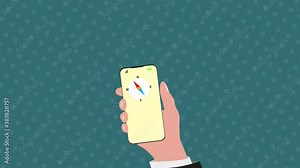 4K Looped animation, Hand holding cell phone with map on screen, moving navigating pointer, city roadmap on smartphone. Seamless motion animated footage, Gps navigation application, location tracking