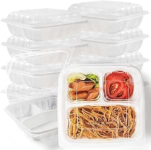 EARTHEATS To Go Containers, Reusable Anti Fog Clamshell Food Containers BPA Free 8X8 inch 3 Compartment White Clear To Go Boxes Microwave Freezer Safe 34oz (25 of pack)