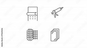 House soundproofing animation set. Sound isolation animated line icons. Silicon gun. Fiberglass grid, insulation. Black illustrations on white background. HD video with alpha channel. Motion graphic