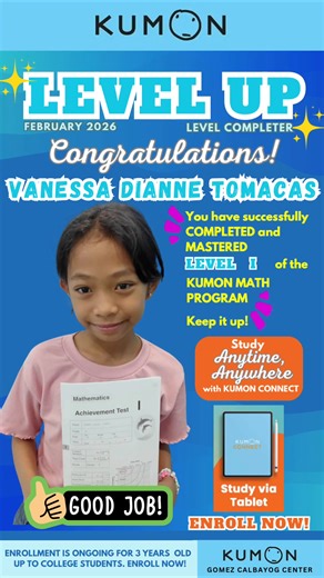Congratulations, Vanessa Dianne Tomacas!🎉 You are moving up to Level J of the Kumon Mathematics Program. You did it! We are very proud of you!👏 | Kumon Gomez Calbayog Center