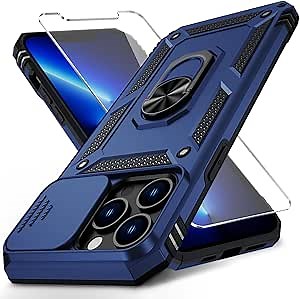 for iPhone 12 Pro Max Case with Camera Lens Cover, HD Screen Protector, 10 FT Military Grade Drop Protection, Magnetic Ring Holder Kickstand Protective Phone Case for iPhone 12 Pro Max ,Navy Blue