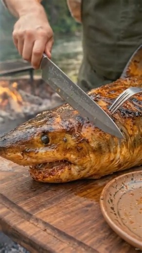 Giant Shark Head Grilled Over Fire 🦈🔥 |Wild Coastal-Style Cooking by the River |Wild Cooking #shorts