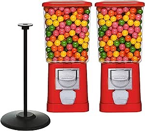 Gumball Machine with Stand - 2 Red Vending Machines and Stand with Connecting Board - Bubble Gum Machine for Kids - Coin Gumball Machine - Commercial Gumball Capsules Bouncy Ball Machine