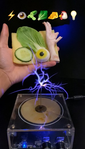 Tesla Coil vs everything! ⚡️ Watch powerful lightning strike cucumber, cheese, chicken, and more! Shocking plasma arcs, sparks, and electric power in action! 🔥 #TeslaCoil #LightningExperiment #fblifestyle | Kadek Tesla Coil Experiment