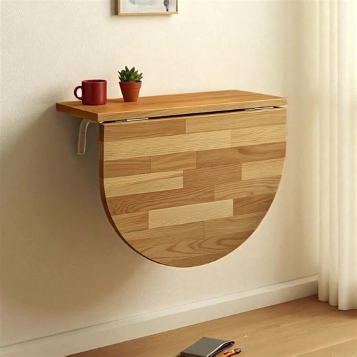 Foldable Drop Leaf Wall Desk, Half Round Space Saving Dining Counter, Natural Wood Design