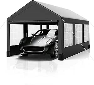 12'x20' Heavy-Duty Canopy Carport, Waterproof & UV-Resistant Garage Tent with 4 Load-Bearing Sandbags, Roll-Up Mesh Windows for Cars, Boats, and Outdoor Equipment