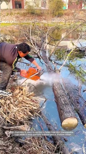 Chainsaw Bucking a Fallen Tree Along a Waterway