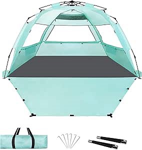 Beach Tent for 3-4 People, Pop-Up Beach Tent Automatic Setup, UV Protection, Extendable Floor, Ventilating Windows, Portable Outdoor Sun Shelter, Green