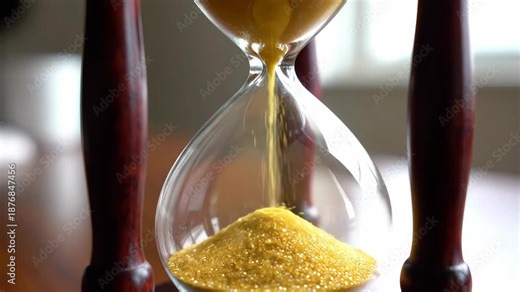 Steady sand flowing classic hourglass showing time passing closely
