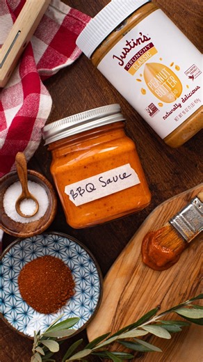A marinade so good it’s outlawed at BBQ cookoffs in the Continental U.S. We made that up, but it looks so good you believe us, right? #bbq #crunchypb Crunchy Peanut Butter BBQ Sauce Ingredients: ½ cup JUSTIN'S® Crunchy Peanut Butter 1 cup ketchup 2 tbsp apple cider vinegar 2 tbsp honey (or maple syrup) 1 tbsp Worcestershire sauce 1 tbsp Dijon mustard 2 tsp smoked paprika 1 tsp garlic powder ½ tsp onion powder ½ tsp cayenne (optional, for heat) ¼ cup water (or more as needed for consistency) Inst