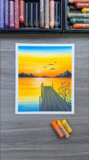 🌅✨ Easy Sunset Pier Scenery Drawing | Oil Pastel Art Tutorial