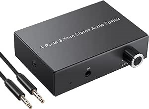 LiNKFOR 4 Port 3.5mm Stereo Audio Splitter, 3.5mm Audio Splitter Switcher Supports 4 Outputs Simultaneously with Volume Control for Passive Speaker, Headphone, PC, MP3, Laptop