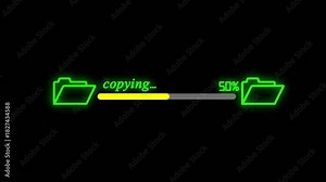 Document file downloading or transfer process icon animation. Fast file transfer, quick torrent of copying data from folder to folder with 0 to 100% complete on black background.