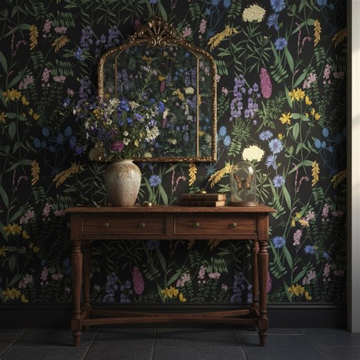 Dark Wildflower Wallpaper - Black Botanical Garden Peel and Stick | Removable Floral Mural - Etsy