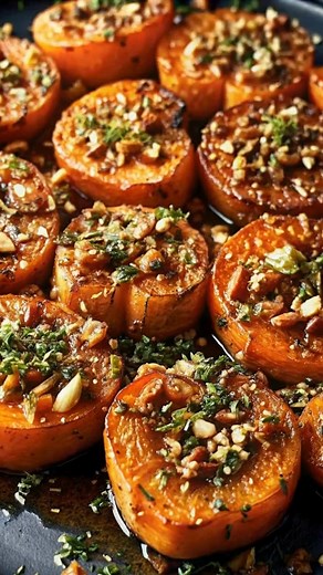 Sweet potatoes sliced thick. Drizzle with olive oil, honey, maple syrup. Sprinkle cinnamon and salt. Roast at 400°F for 30 minutes until caramelized, golden, and tender a sticky-sweet side with cozy fall flavor in every bite. 🧾 Ingredients ➤ 2 large sweet potatoes, peeled and sliced into ½-inch rounds ➤ 2 tbsp olive oil ➤ 1 tbsp honey ➤ 1 tbsp pure maple syrup ➤ ½ tsp ground cinnamon ➤ Pinch of salt ➤ Fresh thyme or chopped pecans, for garnish 👩‍🍳 Instructions Preheat oven: Set to 400°F (200°