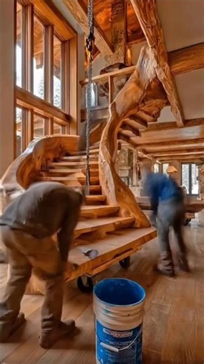 The log-style staircase in the hall