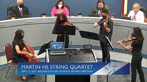 A quartet from the James Martin High SchoolSchool symphony orchestra performed in front of the Arlington ISD Board of Trustees Thursday night. On violin are Ella Tran and Christian Dipert, playing the viola is Katie Ross and on the cello is Laurann Sepulveda. Turn up the volume on your device and listen to the classical masterpiece of Kleine Nachtmusik by Mozart. | Arlington ISD