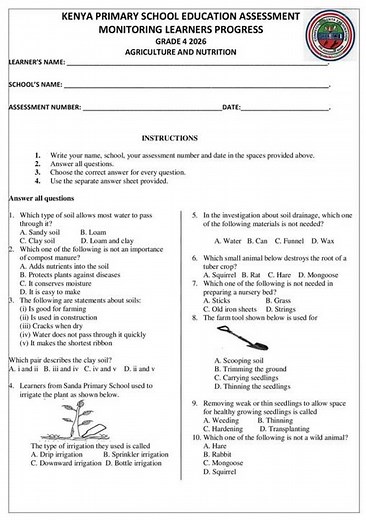 Grade 4 Agriculture and Nutrition Term 1 2026 Opener Exam with Marking Scheme